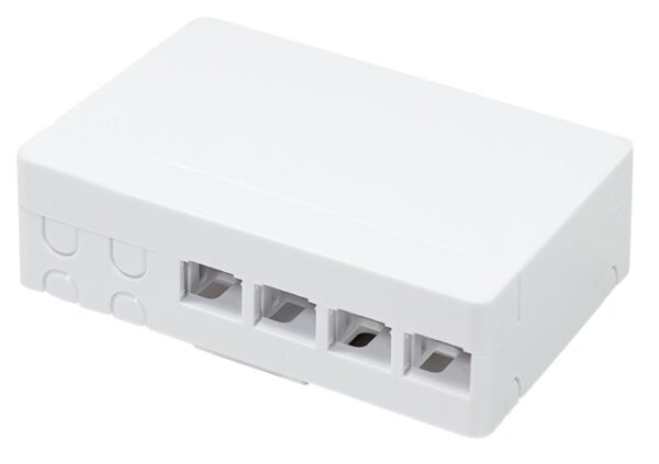 Produktbild MVT 204 010  -  FTTH Anschlussdose 4-fach, Aufputz, weiss, inklusive Hutschienenhalterung (MVT 200 200)